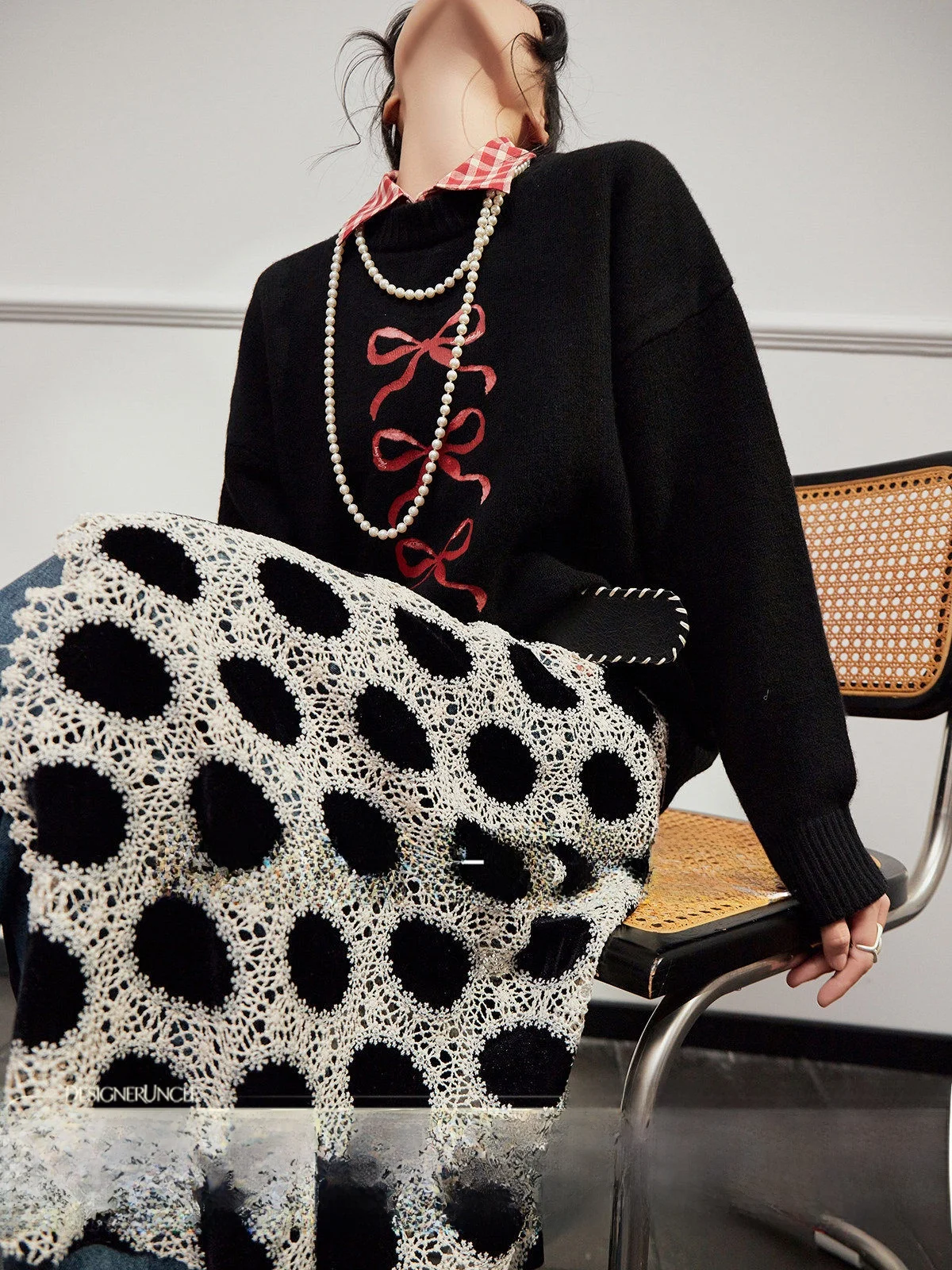 

Bla Woolen Sweater for Women with Red Bow Print Uncle Brand Loose Fit Long Sve round Ne Warmth Guaranteed