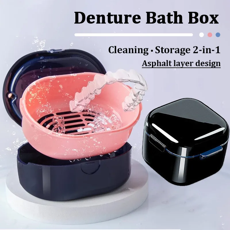 Denture Bath Box Cup Denture Case Set Portable Retainer Case with Strainer Basket False Teeth Denture Cleaning Storage Box