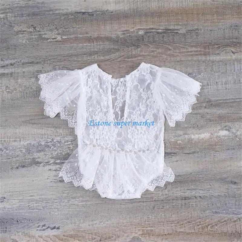 

090B 2 Pcs Newborn Photography Props Outfits Baby Lace Romper Headband Set Infants Photo Bodysuit Jumpsuit Hair Band