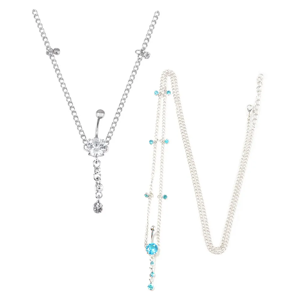 

2 Pcs Belly Button Chain Sparkling Zirconia Stainless Steel Piercing Jewelry Women Thigh Waist Beach Accessories