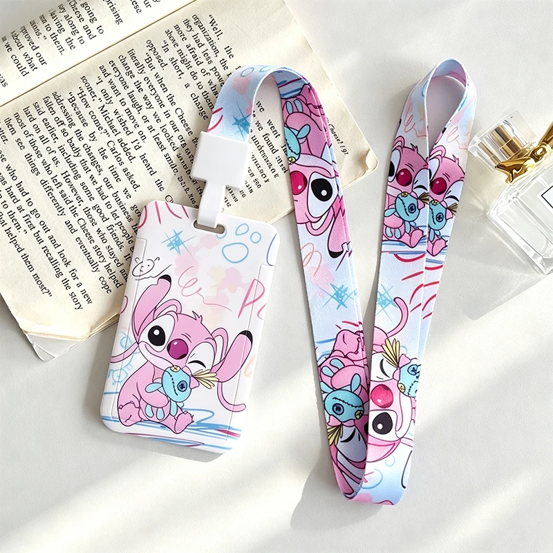 Porta Tarjetas de PVC de Disney Stitch & Angel, Cordón para el Cuello para Estudiantes, Estuche para Tarjetas con Diseño de Dibujos Animados, Correa para el Cuello, Porta Tarjetas de Identificación Rosa