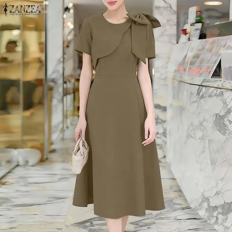 2026 ZANZEA Sommer-Sonnenkleid für Damen, Elegantes Einfarbiges OL-Arbeitskleid, Midi-Kleid mit Kurzen Ärmeln, O-Ausschnitt, Stilvolle Schleifen, A-Linie Partykleid