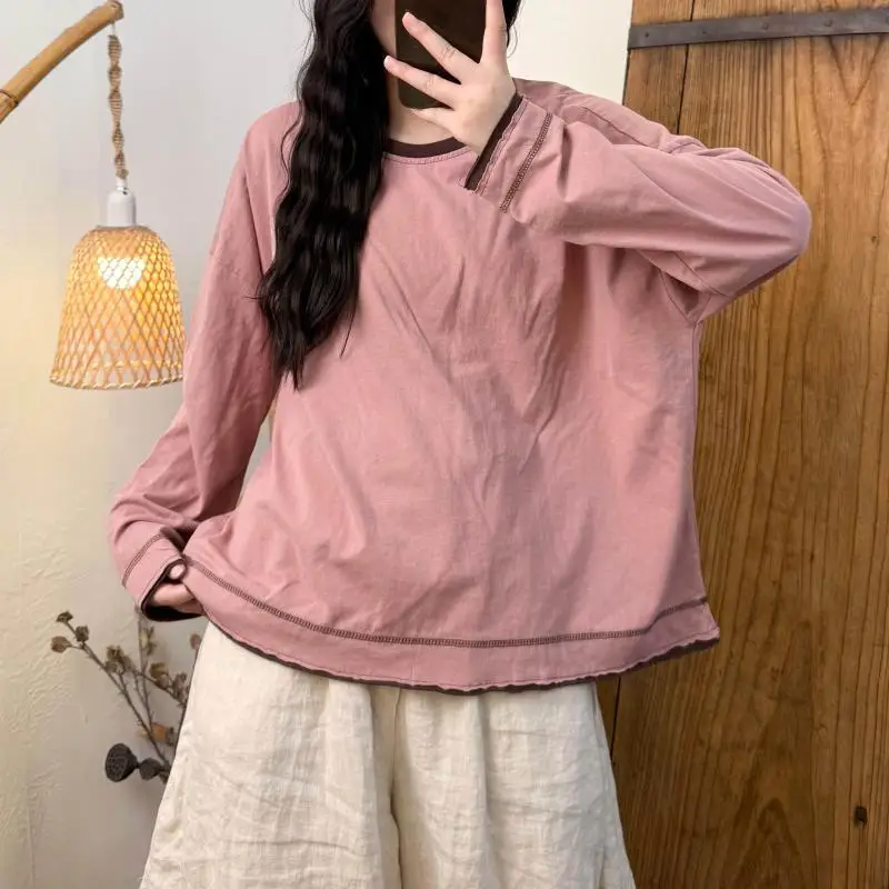2026 New Arrival Spring Autumn Women Long Sleeve O-neck Loose Tee Shirt Bright Line Decoration Casual Cotton Knit T-shirt Tops