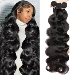 BeautyQueen 30 Inch Body Wave Bundles Human Hair 100% Brazilian Hair Virgin Remy Human Hair Natural Black For Women Double Drawn