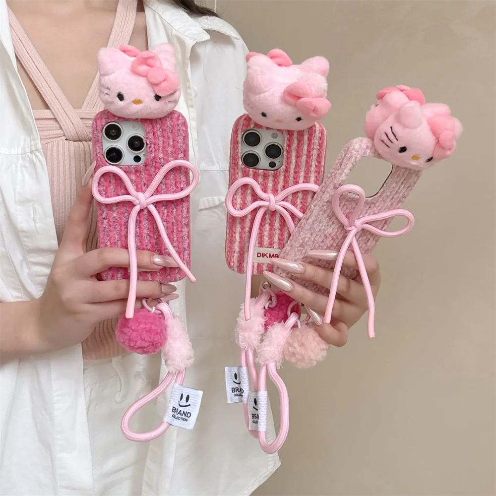 

Ins Striped Bow Plush 3D Hellokitty Cute Phone Case for iPhone 17 16 15 14 13 16 Pro 17 Pro Max Cases with Hand Strap Funda Capa