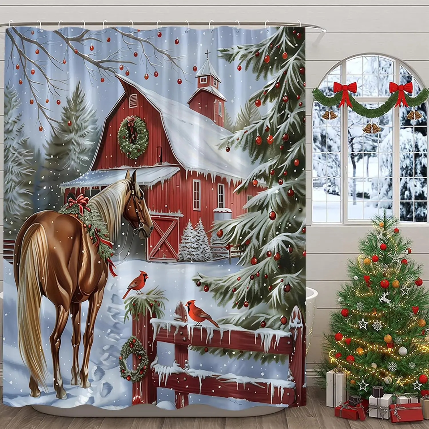 Christmas Shower Curtain Retro Farmhouse Rustic Horse Xmas Tree Winter Near Year Fabric Decorative Bathroom Curtains with Hooks