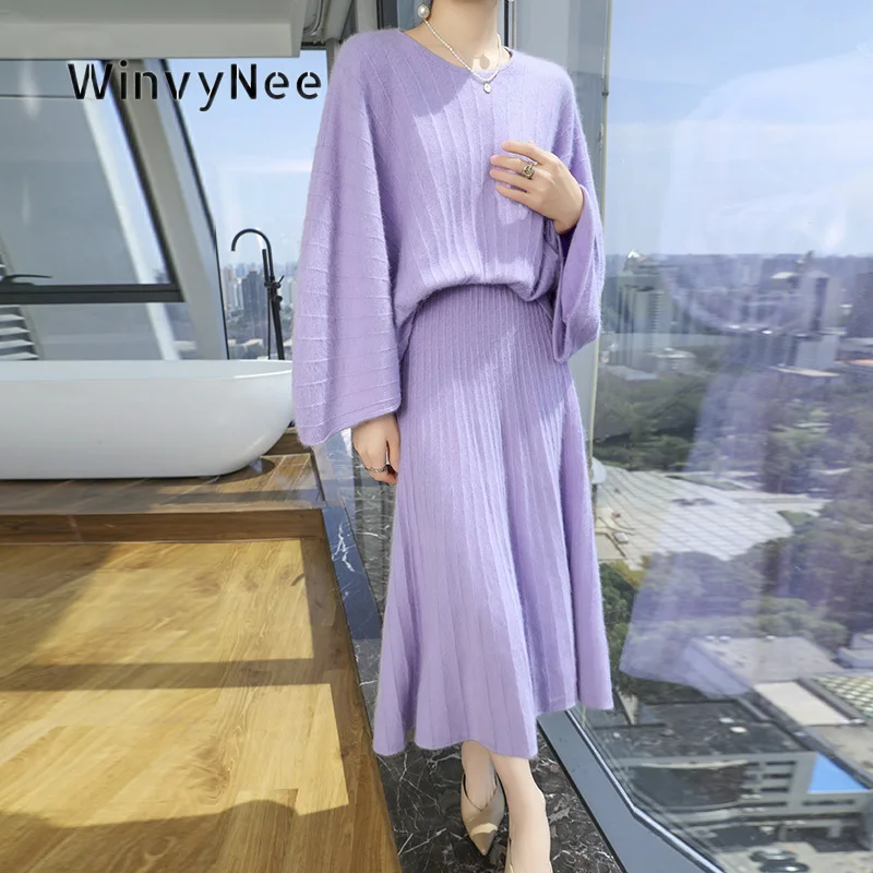 WinvyNee Women Knit Suit Mink Cashmere Relaxed Fit Ribbed Texture Brushed Fabric Sophisticated Modest Social Daily Wear F1248052
