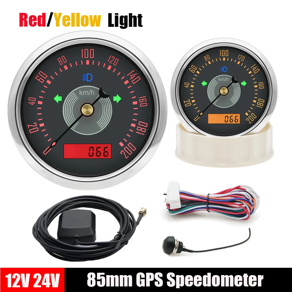 85mm Classical GPS Speedometer 160~220 Km/h 160~220MPH Odometer Adjustable with Red Yellow Light for Car Motorcycle Boat Custom