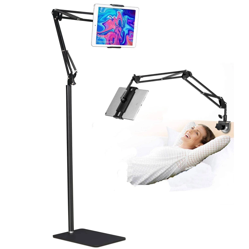 

iPad Tablet Stand for Bed - Arm Height Adjustable Tablet Floor Stand Mobile Phone Holder Metal 360° Rotating iPad Clip-On Holder