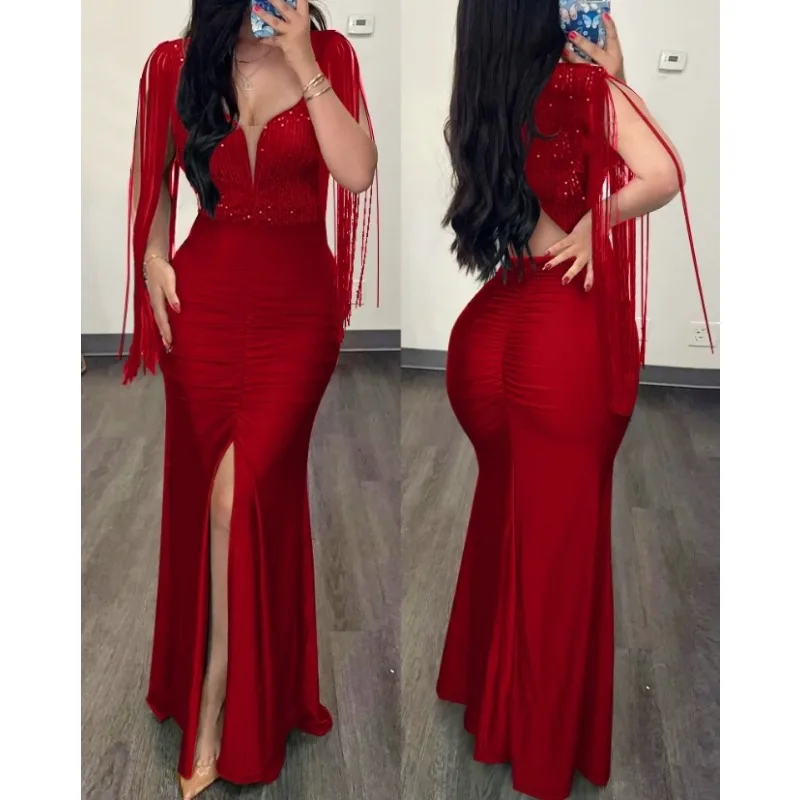 

Womens Dresses 2024 Summer Fashion Contrast Sequin Ruched Slit Tassel Design Sexy Plunge Short Sleeve Skinny Maxi Evening Dress