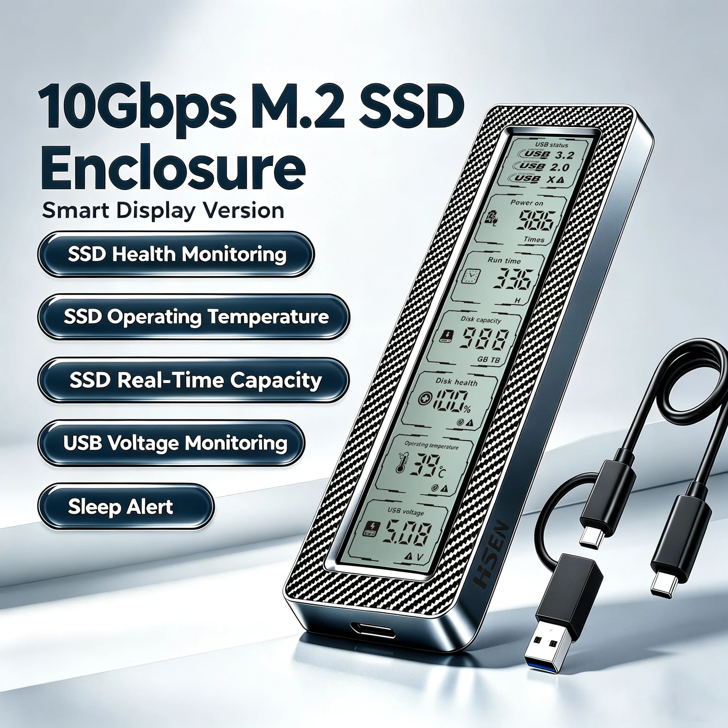 M.2 SSD Enclosure with Smart Display ,Real-Time SSD Health Monitor, USB 3.2 Gen 2 10Gbps, NVMe & SATA Dual Protocol M.2 SSD Case