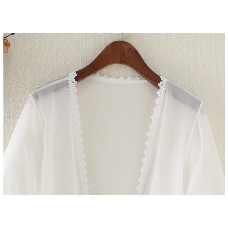 Chiffon Cardigan White Transparent Mesh Shawl Pagoda Sleeve Women Sun Protection Clothing Short Thin Coat Summer Matching Straps