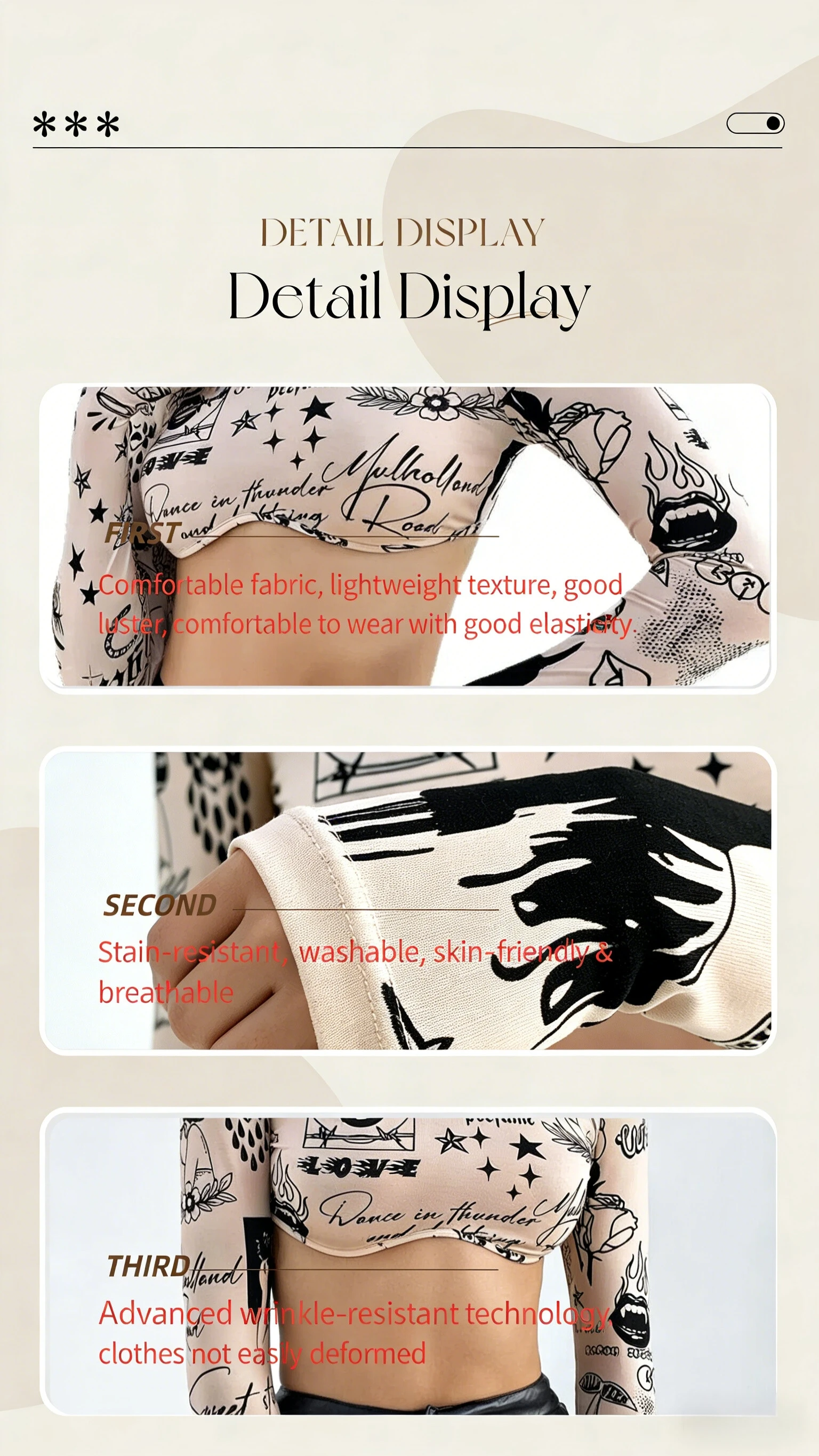 Damen T-Shirt mit Musterdruck, halbem Stehkragen und langen Ärmeln – Frühling/Sommer Neuheit, heiß begehrtes bauchfreies Oberteil für Damen – Detail 4