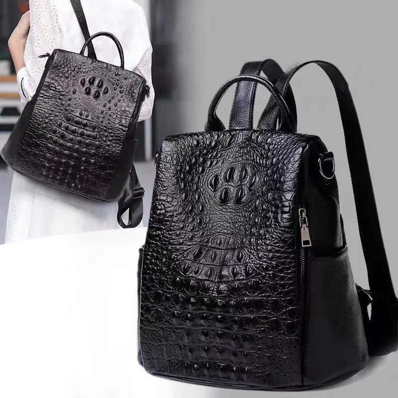 

2025 New Fashion Cow Genuine Leather Women Backpacks Luxury Brand Female Alligator Ladies Girl Student Casual Backpack