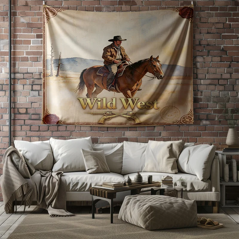 Microfiber Wall Tapestry,Ultra-Soft,Skin-Friendly,Easy Hanging & Installation,Durable,Cowboy on Horse with Wild West Text