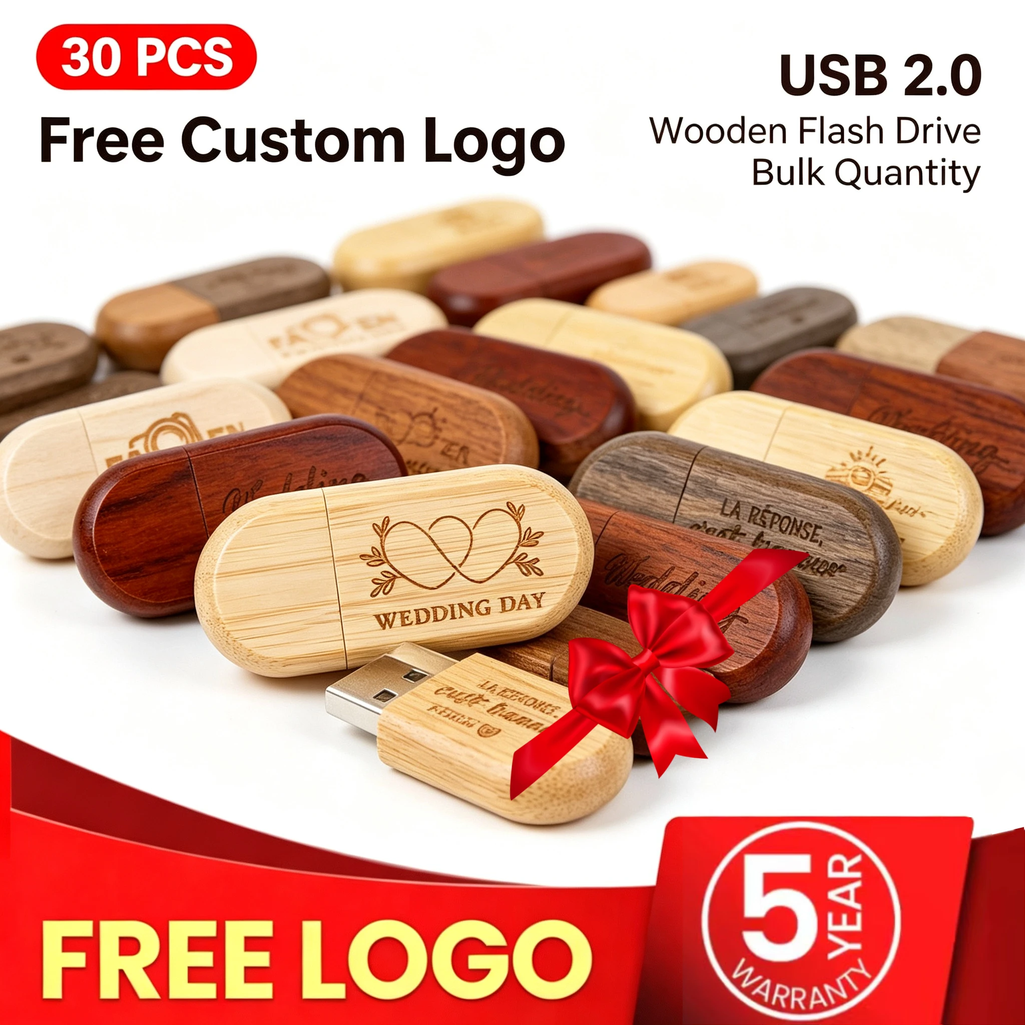 30PCS Creative Bamboo Maple Wood Customize Logo Walnut Pendrive Key Chain Usb Flash Drive 4GB 8GB 16G 32GB Usb Stick 2.0 Gift