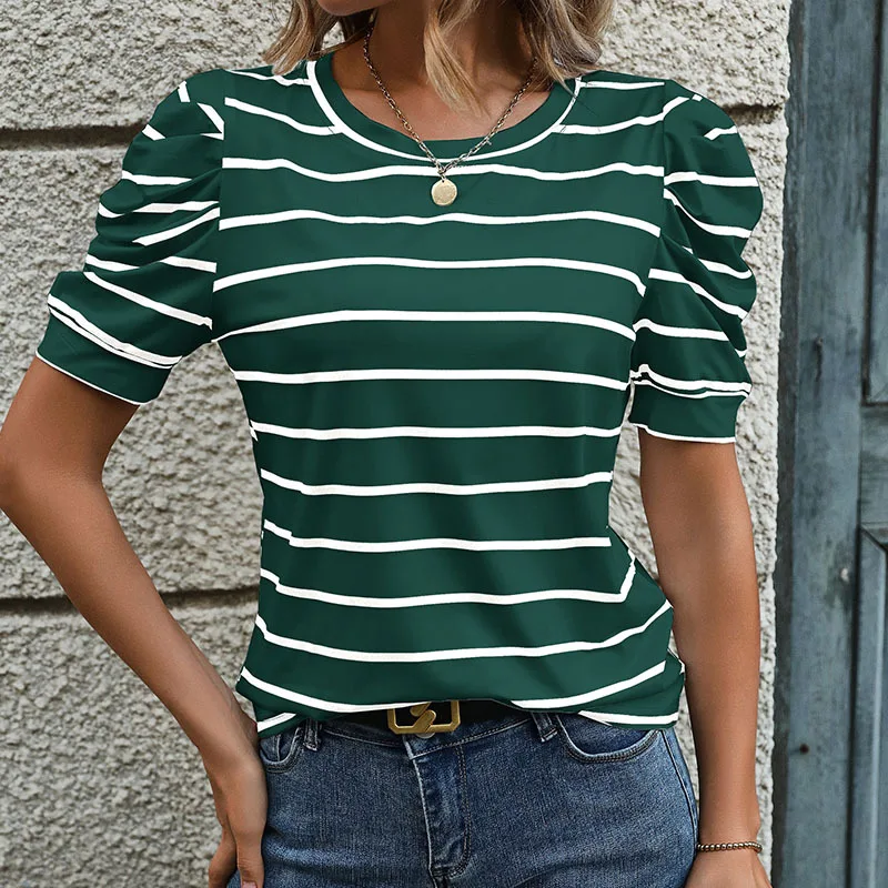 Summer Striped Pullover T-shirt New Women's Top Casual Lamb Leg Sleeve T-shirt for Women