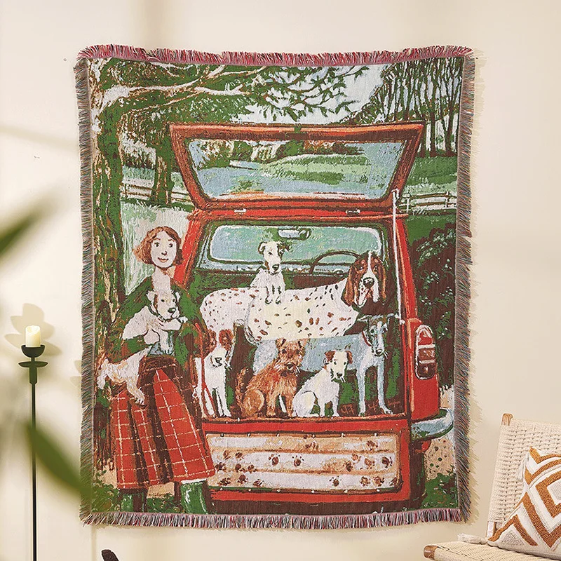 Vintage Car Dog Blanket Woven Tapestry Throw Rustic Farmhouse Decor Dog Lover Jacquard Sofa Cover Boho Chic Blanket for Home