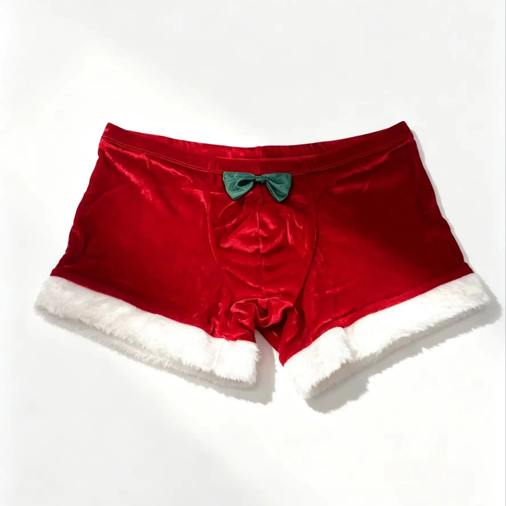 [Free Christmas Hat] Men's Single Piece High-Quality Velvet Christmas sexy Underwear, Bowknot Fluffy Leg Christmas Underwear
