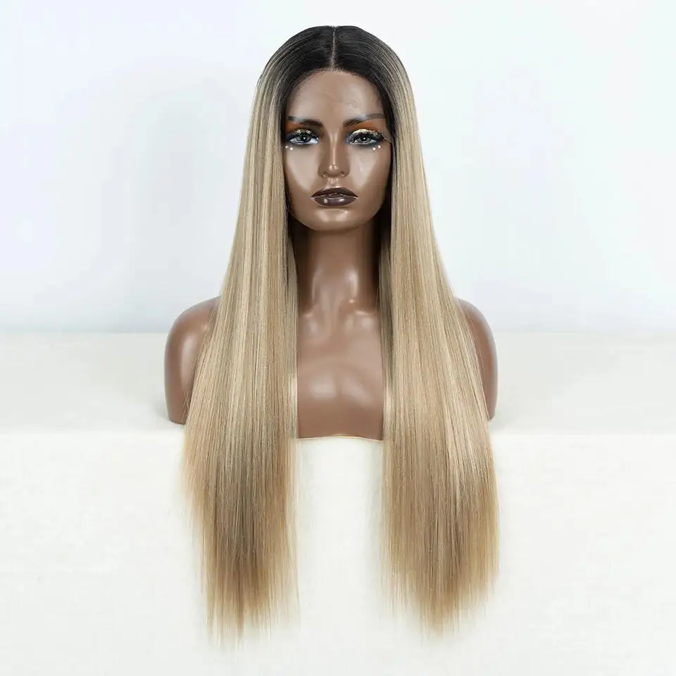 

Long Ombre 613 Silky Straight Lace Front Wig 26Inch 180%Density For Black Women With Baby Hair Glueless Synthetic Preplucked