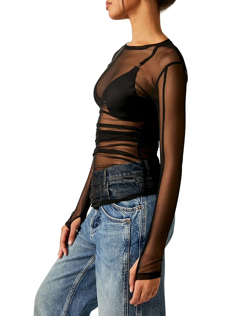 

Women s Summer Sheer Slim Tops Long Sleeve Round Neck Solid Color Mesh Party T-shirt