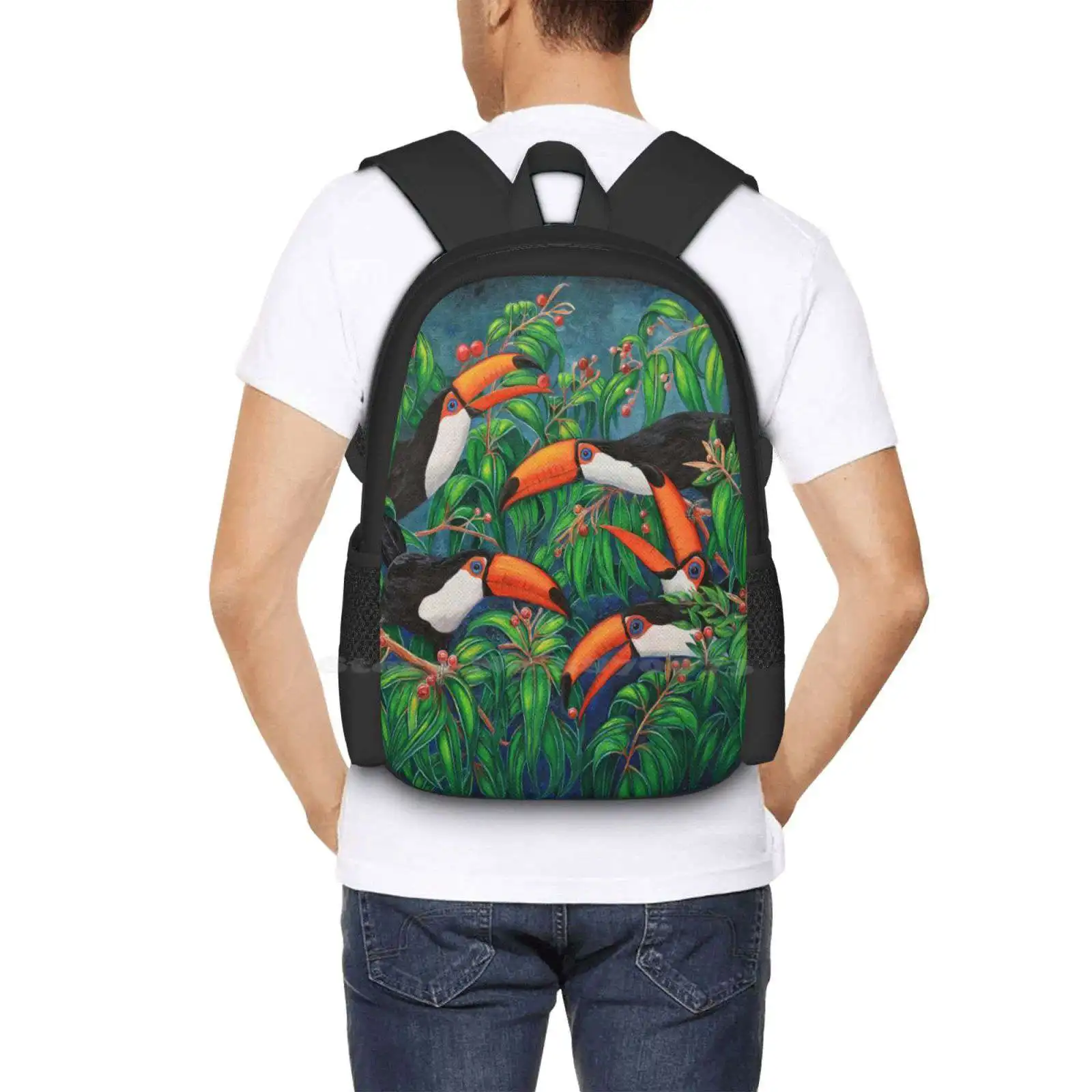 "Tukan Tee" Muster Design Bagpack Schult aschen Jules Sommer Tierwelt Tukane Vögel Vogel Ölgemälde Kunstwerk Original Kunst