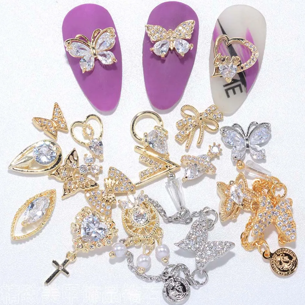 Gold Charms Metall Zirkon Maniküre Werkzeuge Kristall Nail Art Dekorationen Schmetterling Nagel Strass Nail Art Schmuck Anhänger Kette