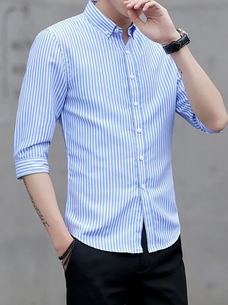 camisa-de-manga-corta-ajustada-para-hombre-estilo-coreano-elegante-con-mangas-de-siete-pulgadas-y-cubre-orejas-novedad-de-verano-a-la-moda