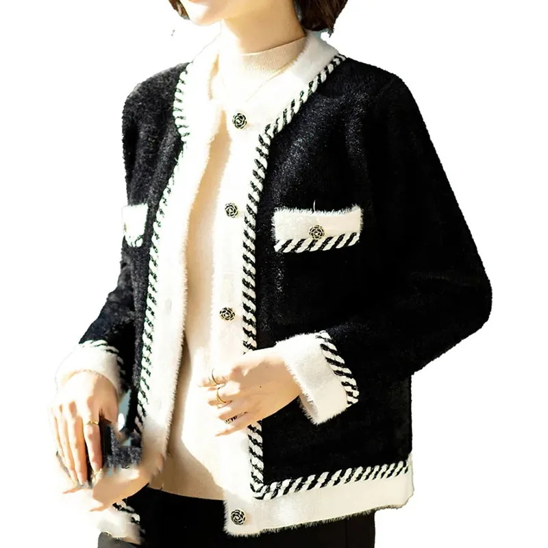 Autumn Winter Lady Round Neck Imitation Mink Fur Coat Women Color Collision Knitted Cardigan 2024 Female Long Sleeves Sweater