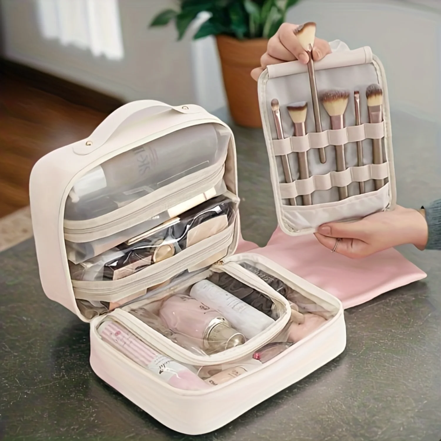 2024 Makeup Cosmetic Bag, Travel Makeup Organizer with 2 Detachable and Removable Pockets, Waterproof Toiletry Bag, Luxury Aesth