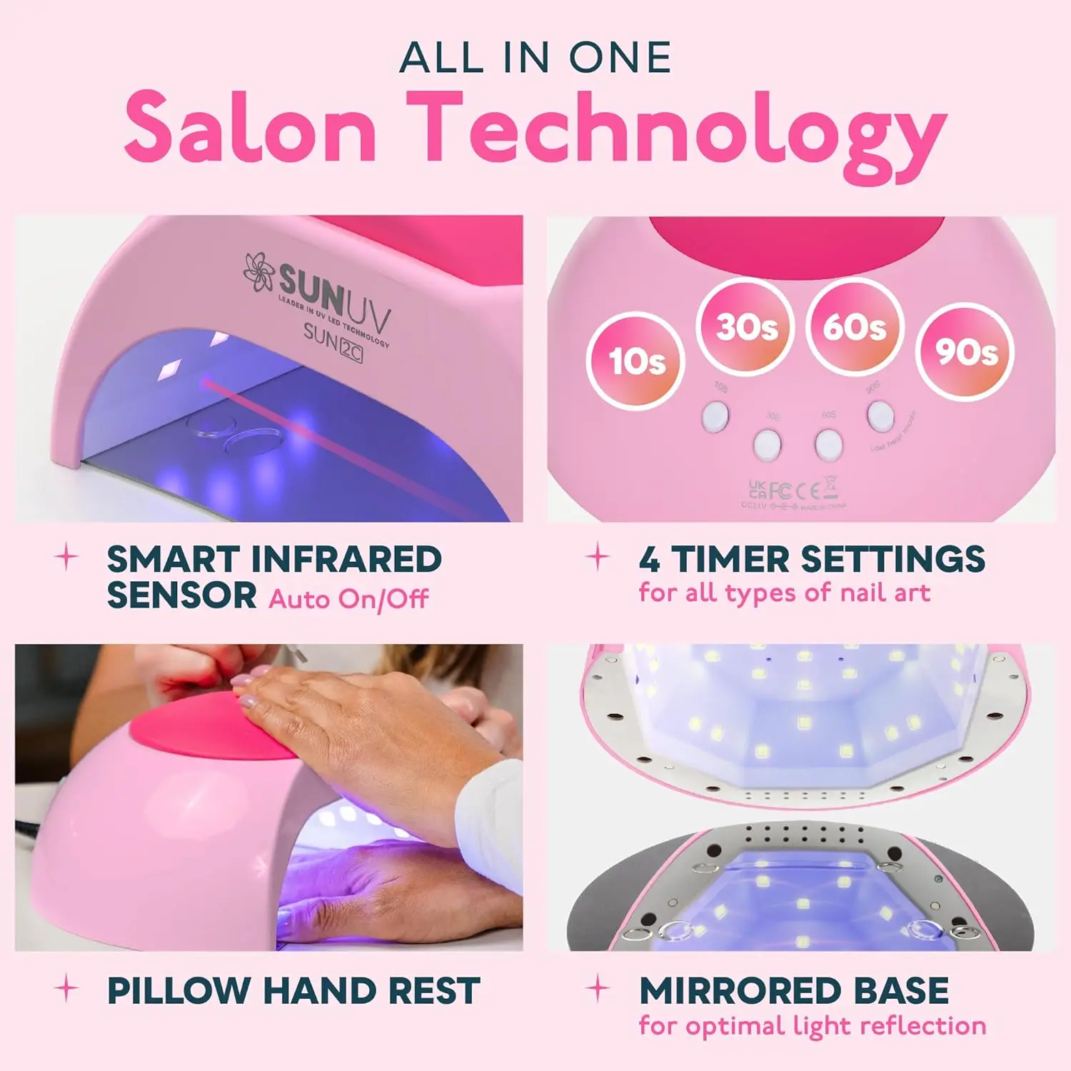 Lampe à ongles UV LED avec 4 réglages de minuterie, sèche-vernis gel 33 LED, base amovible à capteur automatique rose
