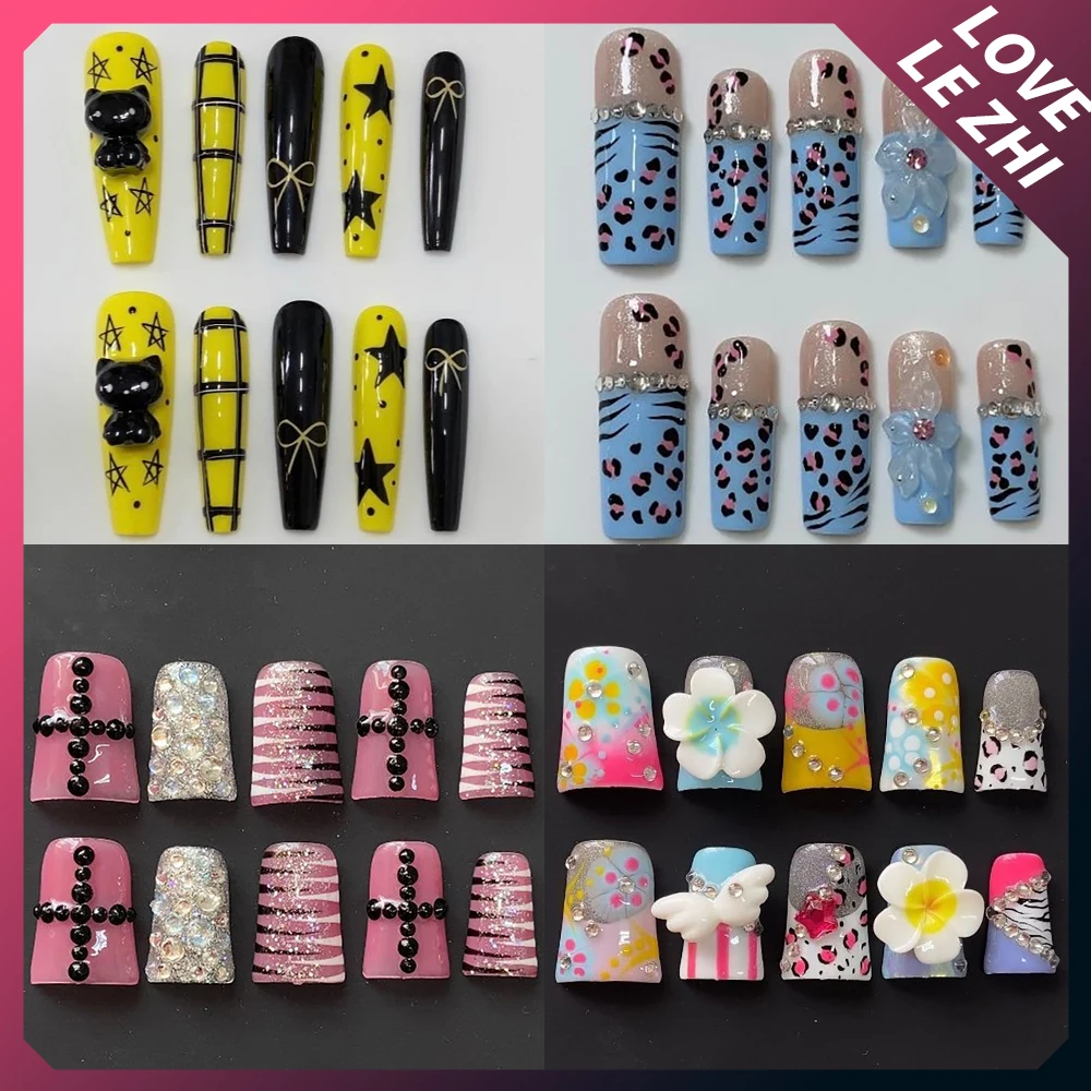

Y2K Duck-Bill Long Coffin Dragon Claw Handmade Press On Nails Spice Girl Leopard Print Flowers Diamond French Wearable Fake Nail