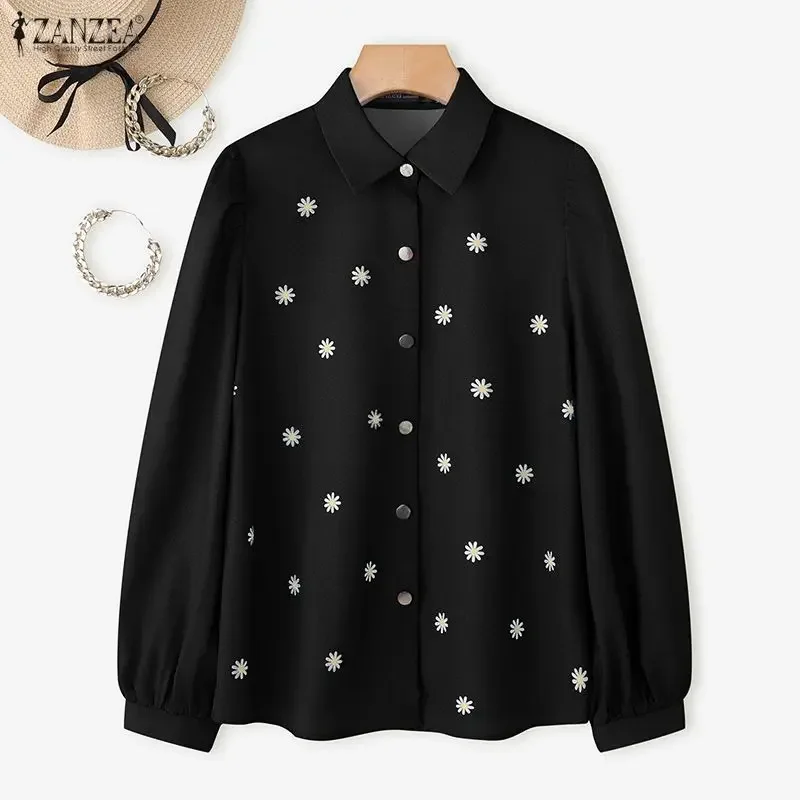 

Женская рубашка ZANZEA с цветочным принтом под деним, повседневная, с отложным воротником, рукавами-фонариками, на пуговицах, весна 2026, женские топы