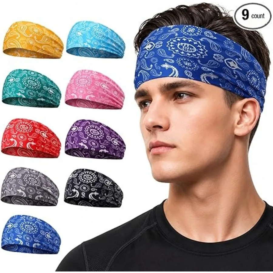 

9 pcs Sweatbands for Men Workout Sport Headbands for Men Camo Headband Sweat Absorbing Headband Wide Sweatband for Head Basketball Football Cycling Running Yoga, 4.7 x 9.8 Inch，Bandanna Style