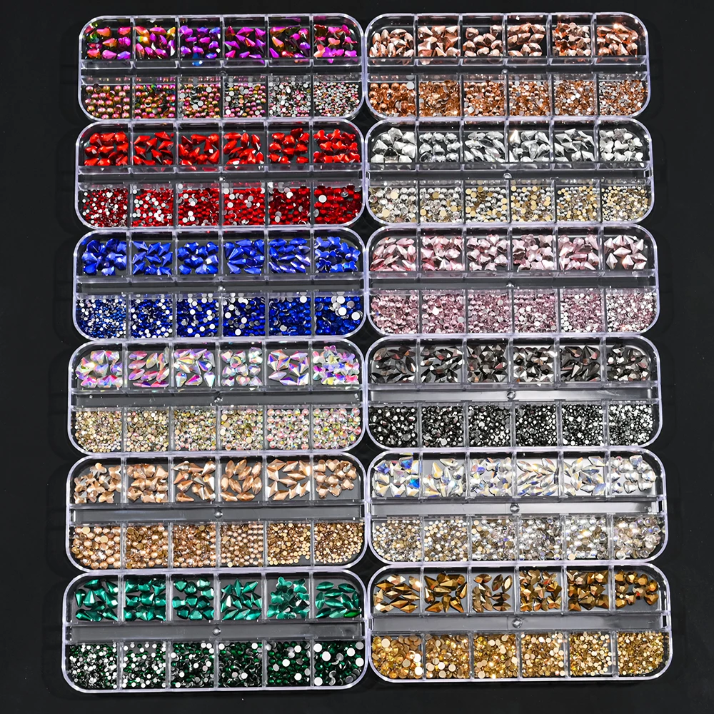 Perles de biscuits en cristal noir pour manucure, breloques d'ongles de luxe, paillettes 3D, gemmes de diamant non correctif, 12 grilles