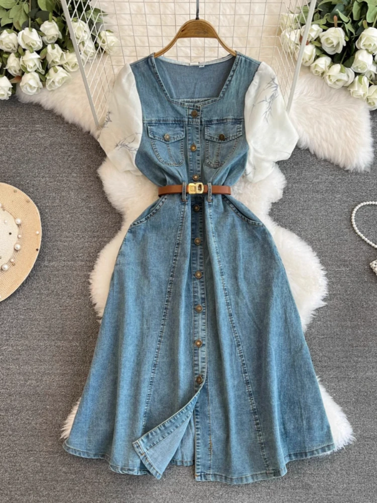 

2025 Summer New Dresses Square Neck Puff Sleeve Pockets Belt Denim Long Dress Fashion Design Female Slim Elegant Women Clothing