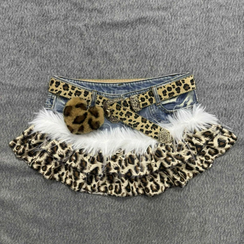 

Japanese Harajuku Fashion Lolita Denim Skirt Women Vintage Sweet Leopard Print Plush Patchwork Ruffle Mini Skirts JK Short Skirt