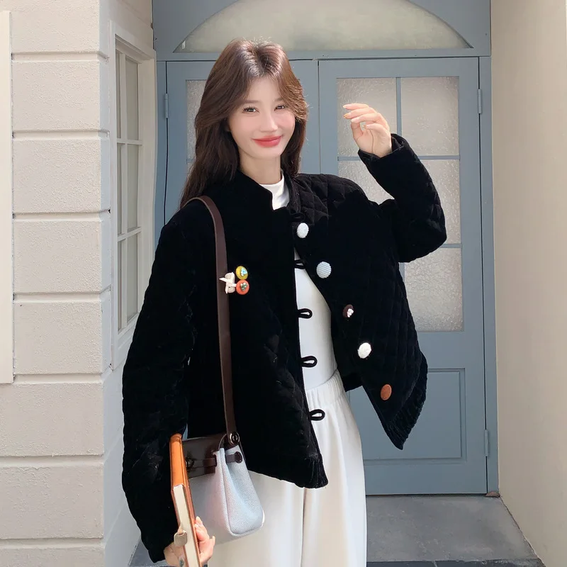 

Women's 2025 autumn and winter new Korean version gold velvet short style lightweight colorful buttons warm cotton jacket