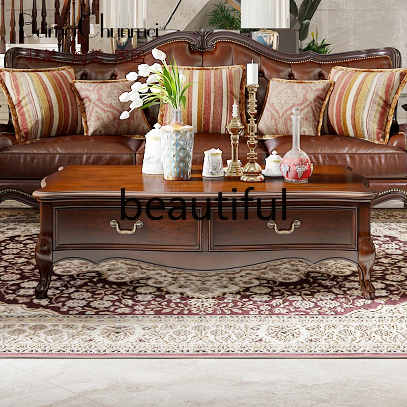 

American rectangular coffee table living room cherry wood veneer four drawer country coffee table