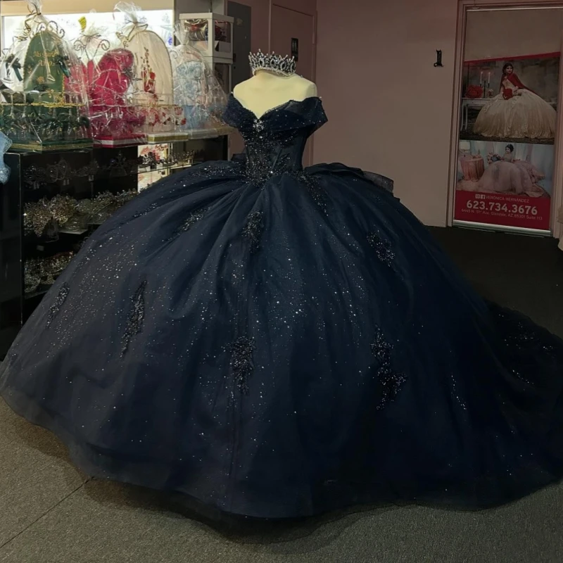 

Темно-синее блестящее платье принцессы Sweet 16, платье Quinceanera, платья с блестками и аппликацией, корсет с бисером, тюлевые платья для вечеринки, дня рождения, 15