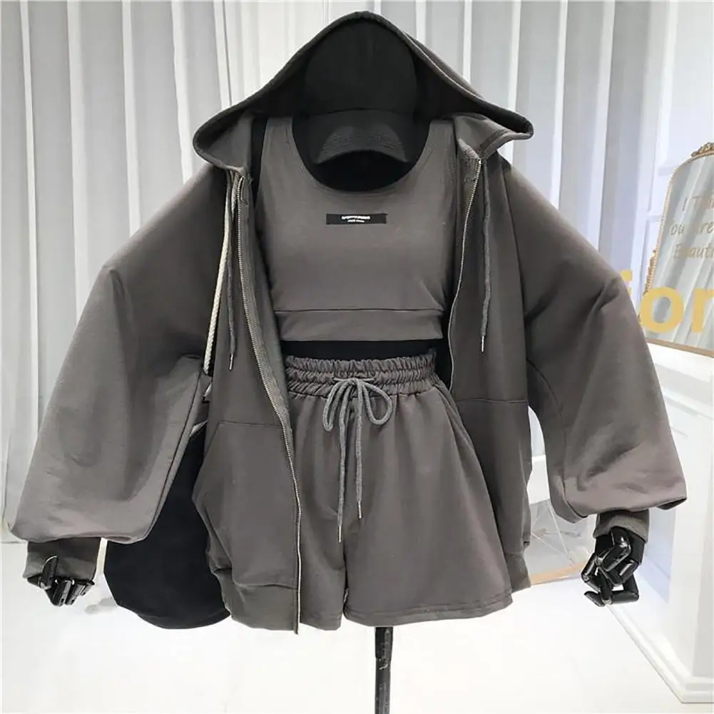 Three Pieces Short Sets Women Hoodie Summer Autumn Drawstring Thin Coat Shorts with Thin Coat Vest Set Sportswear Streetwear