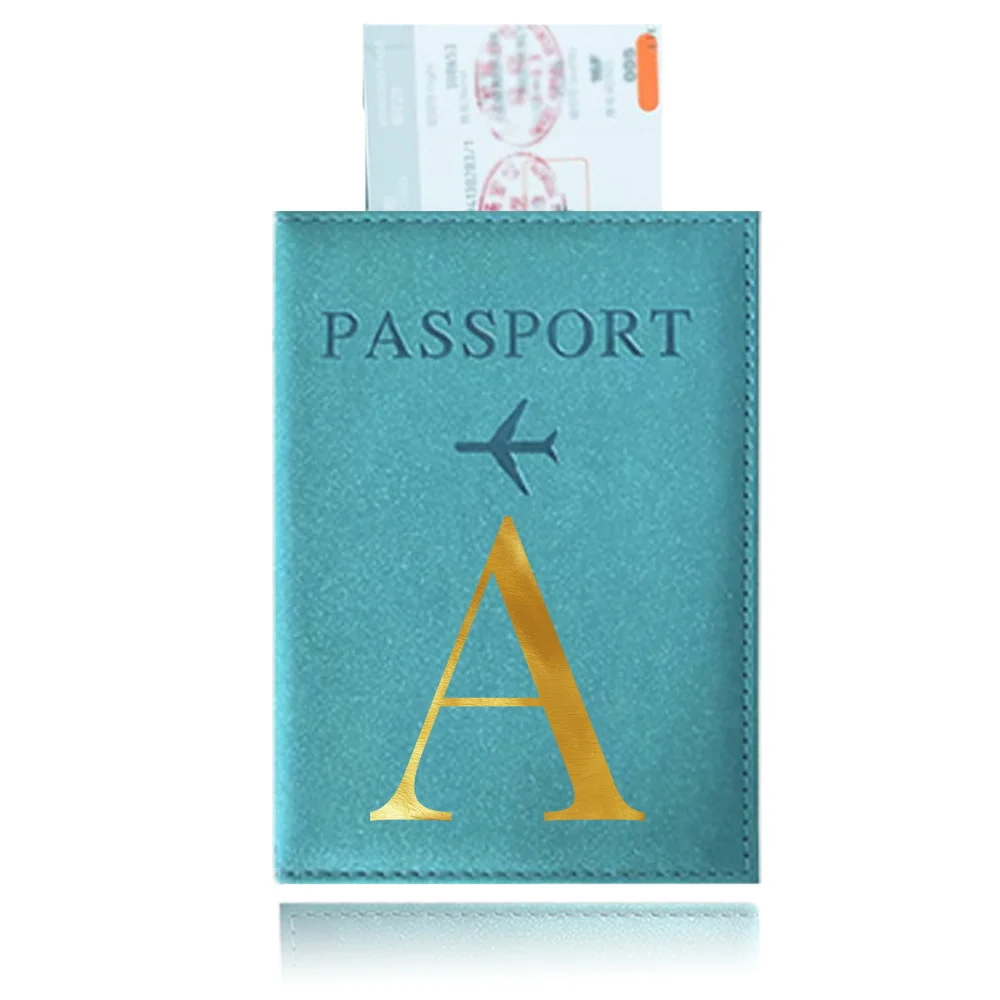 Funda de pasaporte impermeable de Color azul, funda de viaje de cuero PU, billetera para tarjetas de crédito, Serie de letras con impresión UV