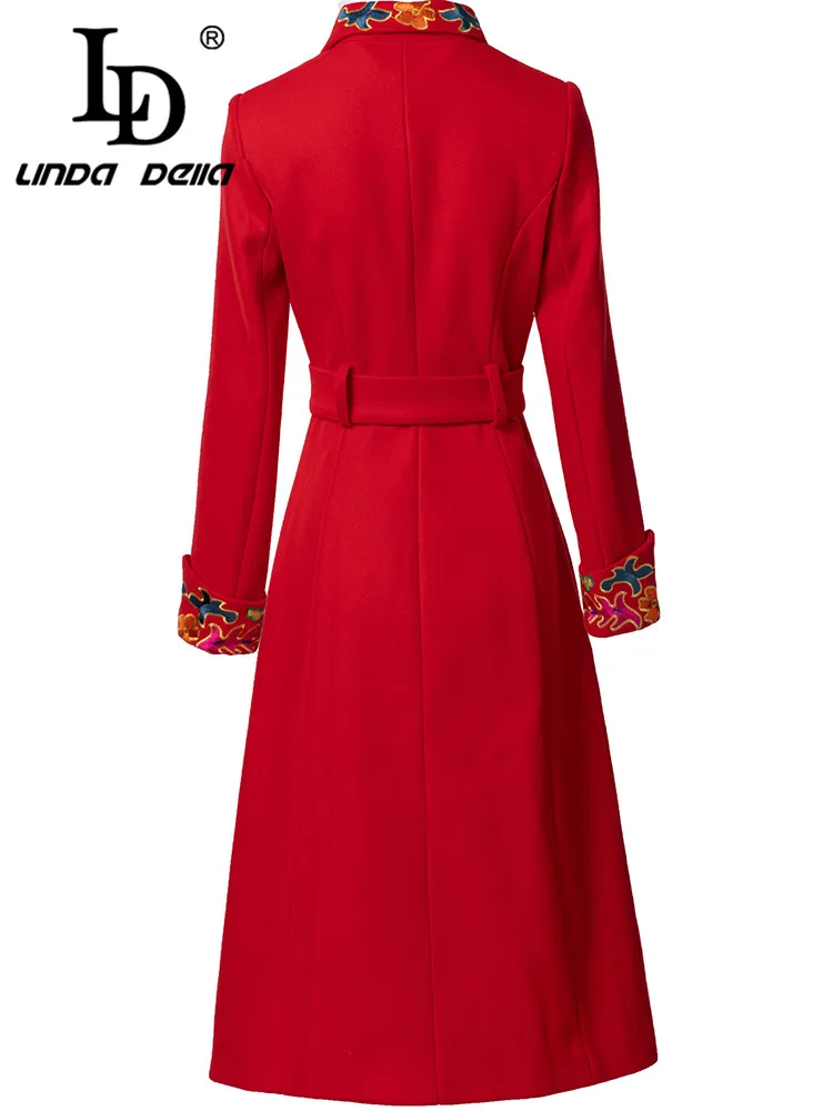 LD LINDA DELLA Autumn winter Designer Coat Women Red Turn-Down Collar Single-breasted Lace-Up Tunic Embroidery Coat