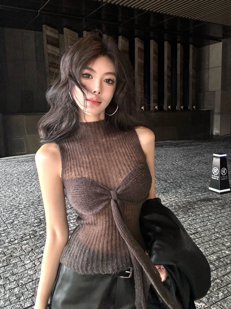 Sexy Bow Thin Knitted Vest Women's Sheer Hollow Out Tank Top Crop Top  Kpop  T Shirt  Y2k