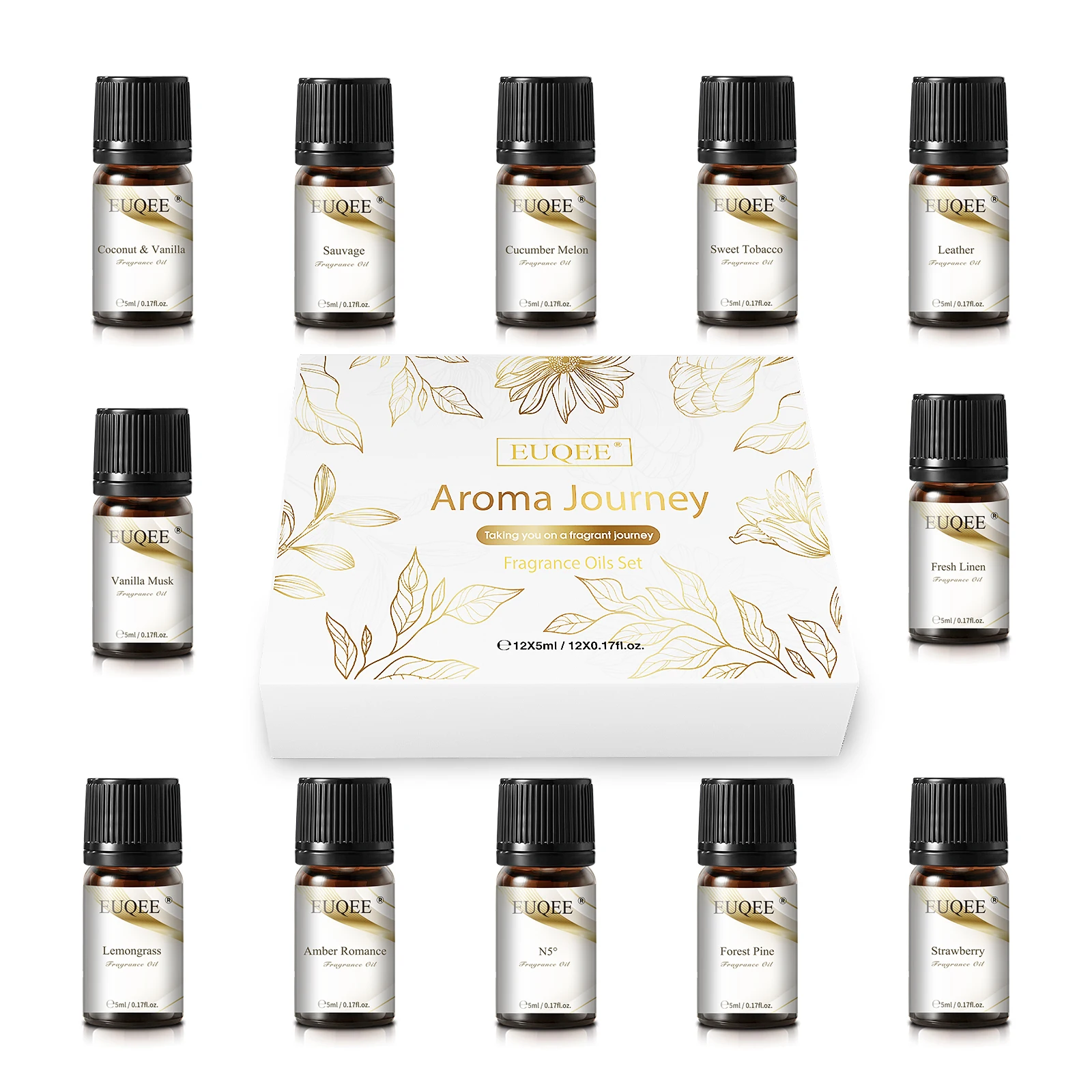 EUQEE 12PCS Aromatherapy Fragrance Oils Set-5ml Coconut & Vanilla Fresh Linen Amber Romance Forest Pine Leather Strawberry Oil