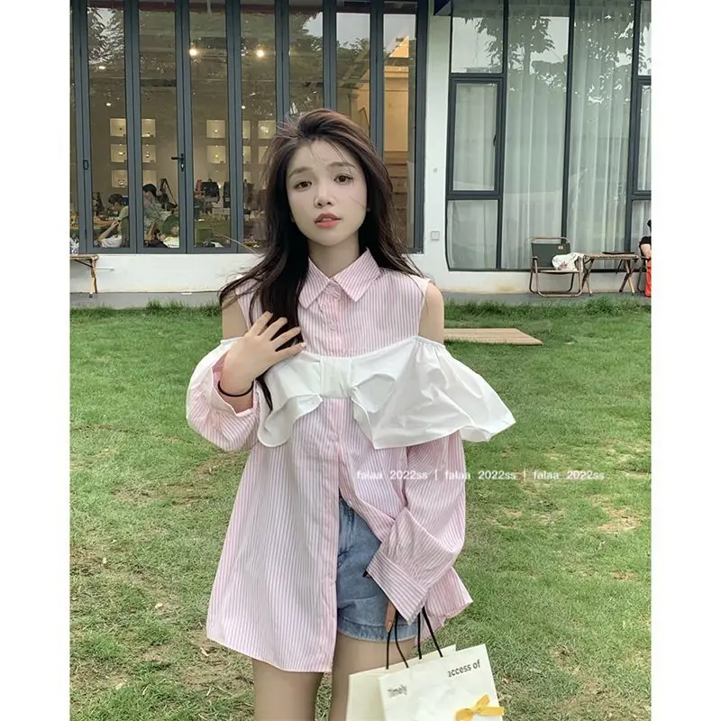 Korea Pink Striped Shirts Women Korean Style Sweet Girls Off Shoulder Design Single Breasted Students Spring Long Sleeve Loose