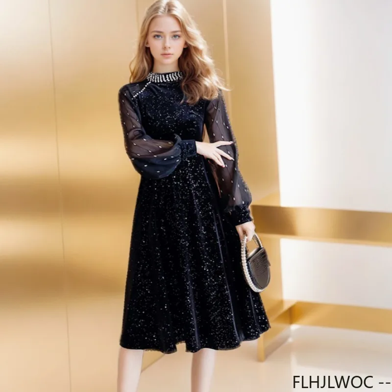 Robe Longue en Velours Noir pour Femme, Tenue Élégante de Soirée, de Nouvel An, Rétro, Vintage, Design Français, Perle Bling