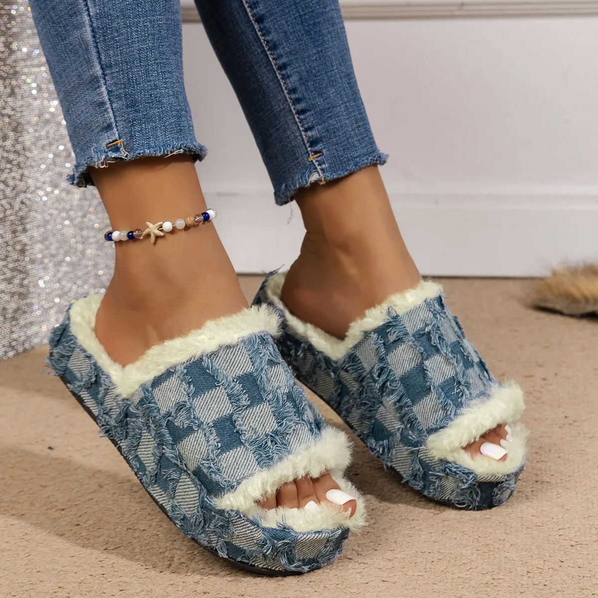 

Oversized thick sole plush slippers oversized sexy plush slippers for outerwear women's checkered denim slippers