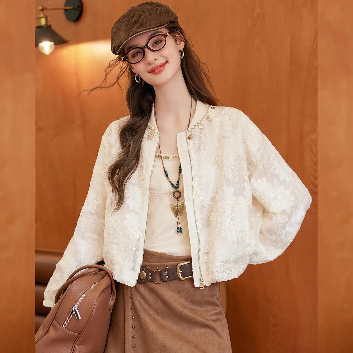 LOUIS YAO Exquisite Embroidered Zipper Coat 2025 Autumn Gentle and Romantic Color Contrasting Ribbon Splicing Women's Cardigan