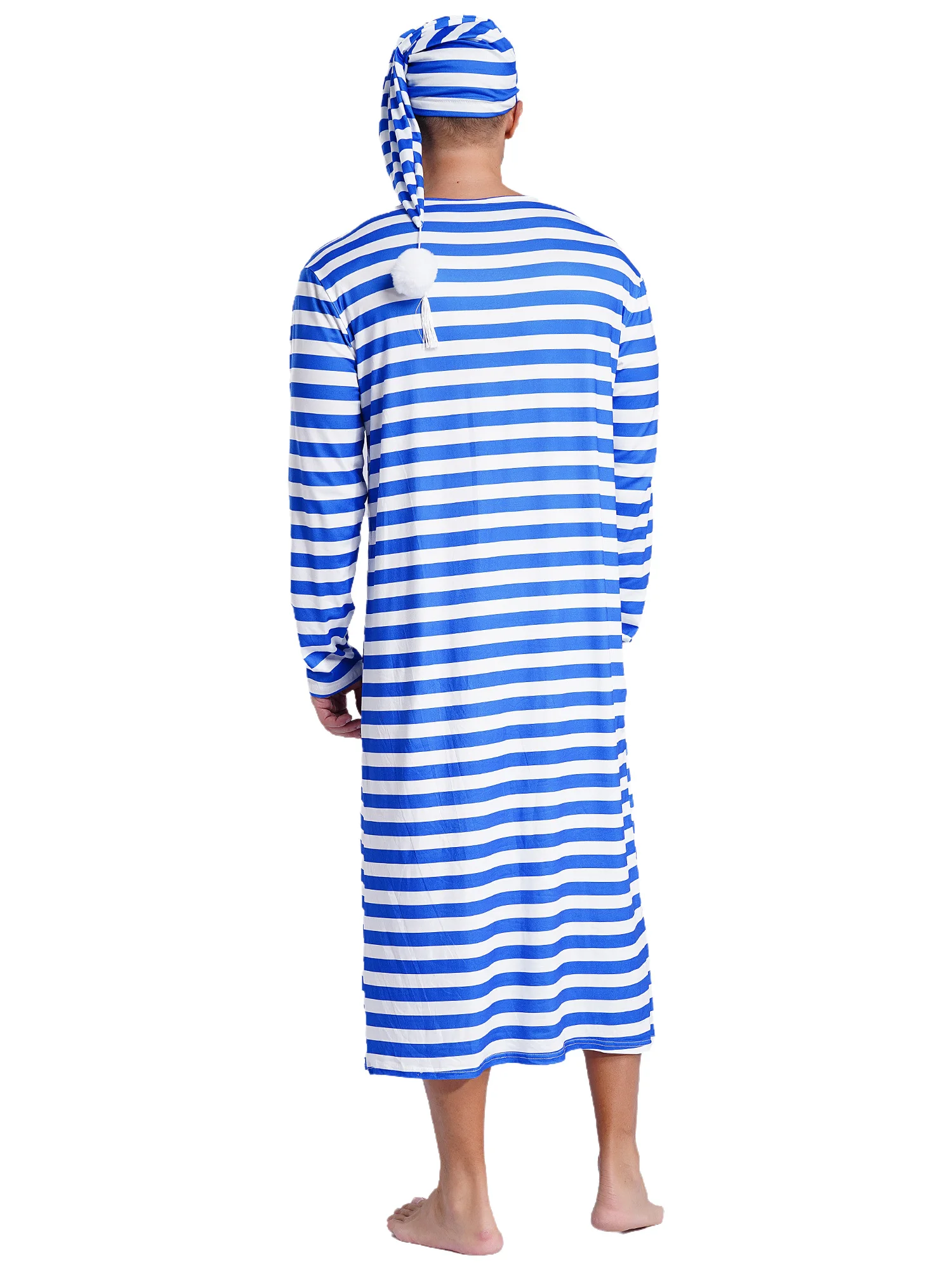 Mens Christmas Striped Sleep Robe with Night Cap Set Long Sleeve Loose Long Robes Pajamas Male Nightwear Loungewear Sleepwear